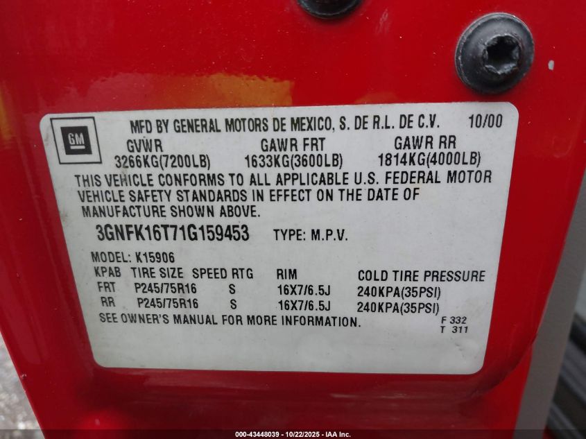 2001 Chevrolet Suburban 1500 Ls VIN: 3GNFK16T71G159453 Lot: 43448039