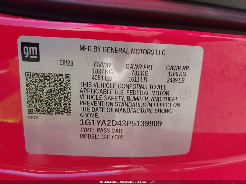 2023 Chevrolet Corvette Stingray VIN: 1G1YA2D43P5139909 Lot: 43448082