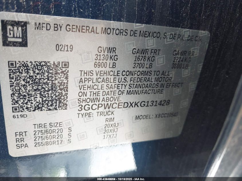 2019 Chevrolet Silverado 1500 Lt VIN: 3GCPWCEDXKG131428 Lot: 43448084