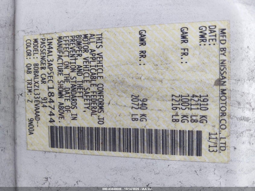 2014 NISSAN ALTIMA 2.5 SL 1N4AL3AP5EC184744