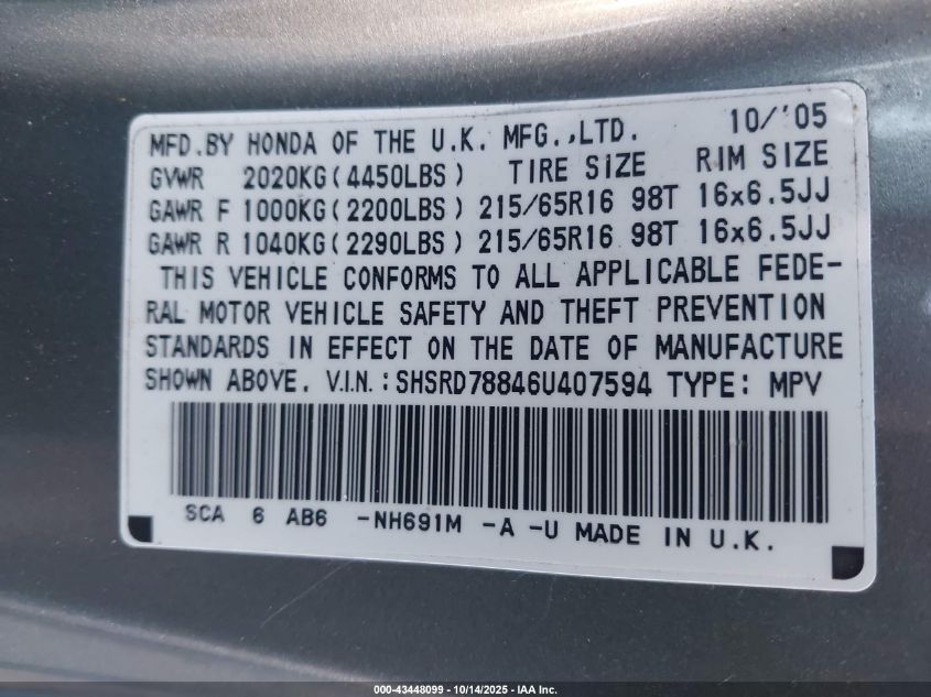 2006 Honda Cr-V Ex VIN: SHSRD78846U407594 Lot: 43448099