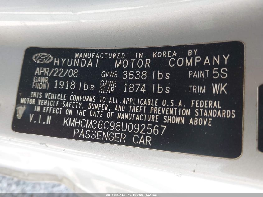 2008 Hyundai Accent Gs VIN: KMHCM36C98U092567 Lot: 43448158