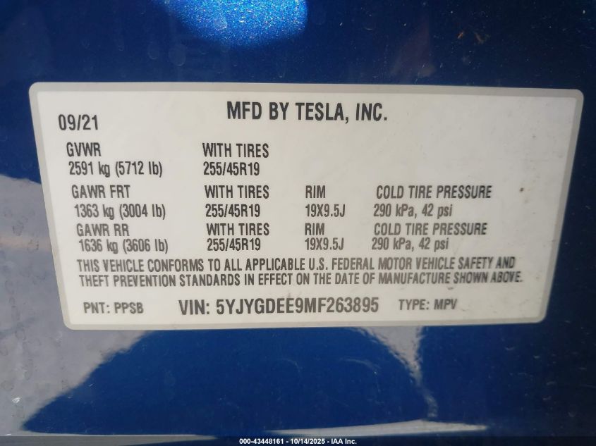 2021 Tesla Model Y Long Range Dual Motor All-Wheel Drive VIN: 5YJYGDEE9MF263895 Lot: 43448161