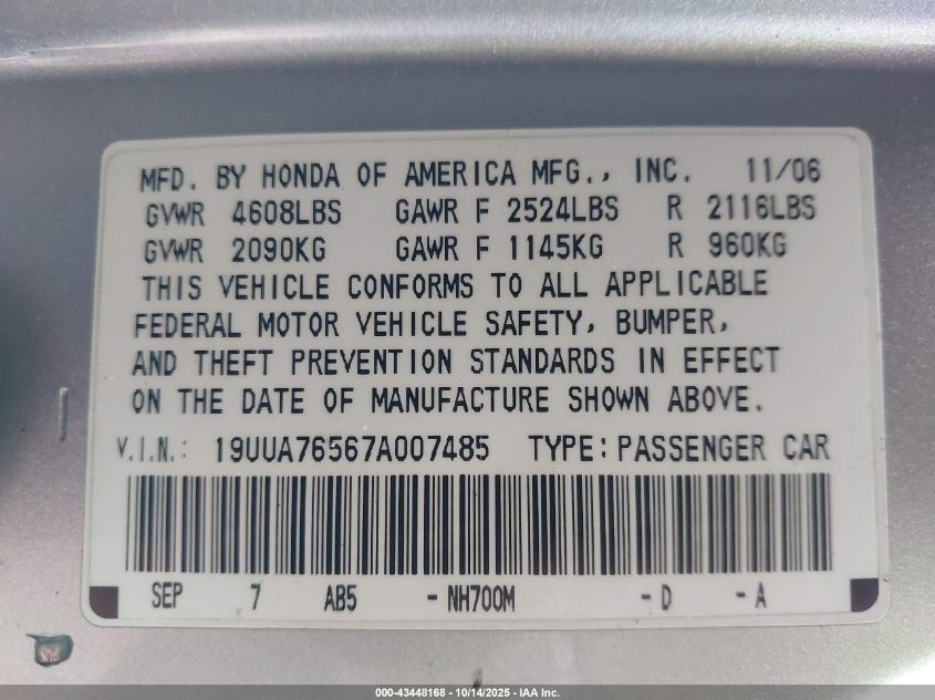 2007 Acura Tl Type S VIN: 19UUA76567A007485 Lot: 43448168