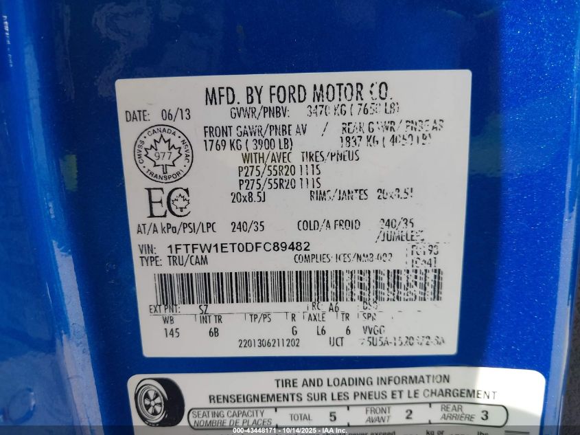 2013 Ford F-150 Fx4 VIN: 1FTFW1ET0DFC89482 Lot: 43448171