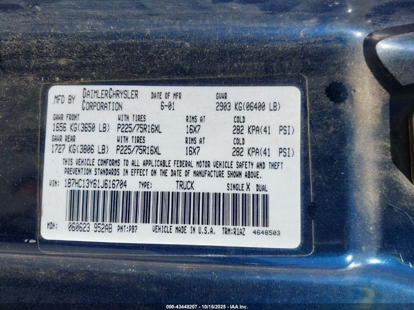 2001 Dodge Ram 1500 St VIN: 1B7HC13Y61J616704 Lot: 43448207