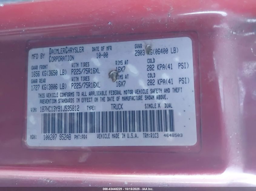 2001 Dodge Ram 1500 St VIN: 1B7HC13Y91J535812 Lot: 43448229