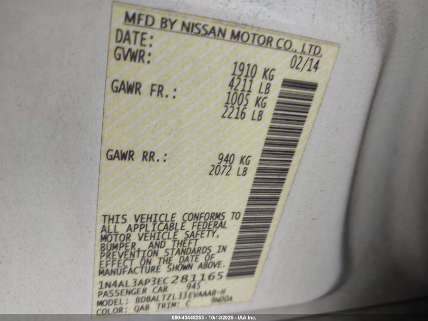 2014 Nissan Altima 2.5 Sv VIN: 1N4AL3AP3EC281165 Lot: 43448253