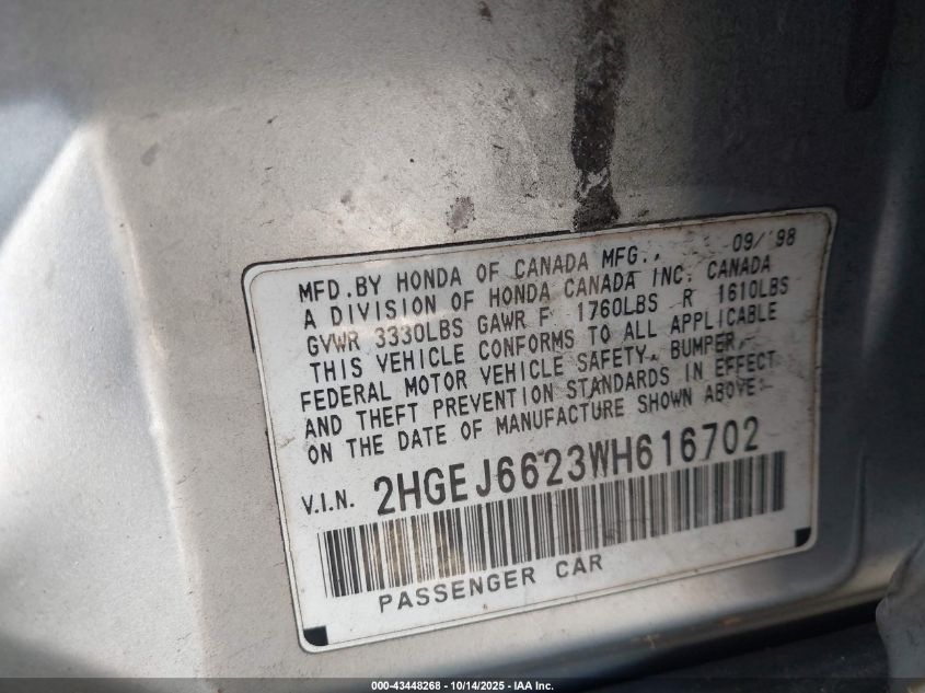 1998 Honda Civic Dx VIN: 2HGEJ6623WH616702 Lot: 43448268