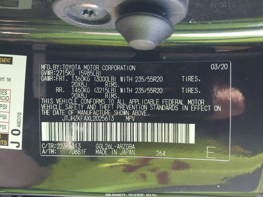 2020 Lexus Rx 350L VIN: JTJHZKFAXL2025613 Lot: 43448274