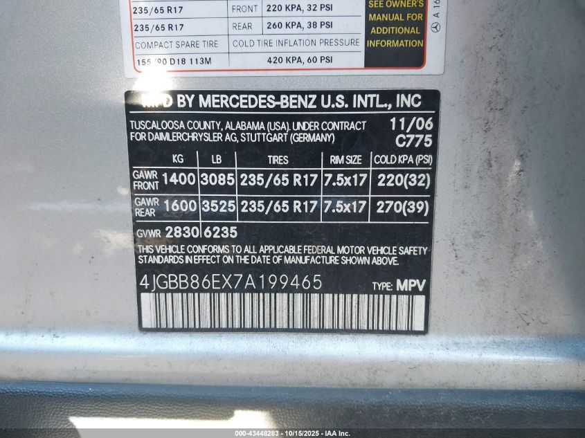 2007 Mercedes-Benz Ml 350 4Matic VIN: 4JGBB86EX7A199465 Lot: 43448283
