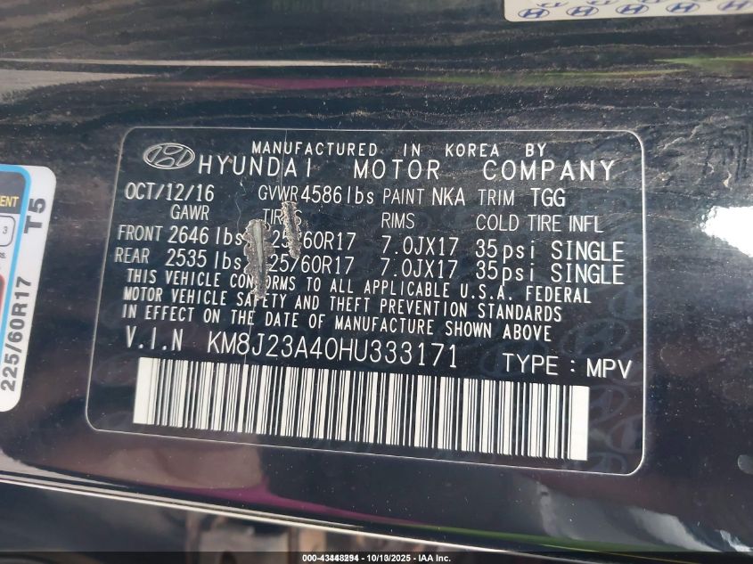 2017 Hyundai Tucson Se VIN: KM8J23A40HU333171 Lot: 43448294