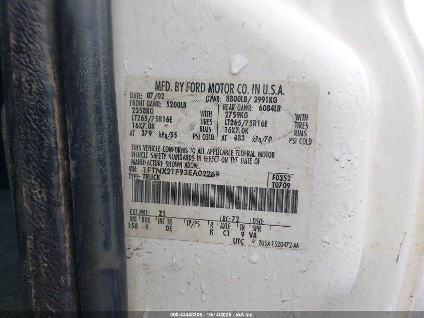 2003 Ford F-250 Lariat/Xl/Xlt VIN: 1FTNX21F93EA02269 Lot: 43448306