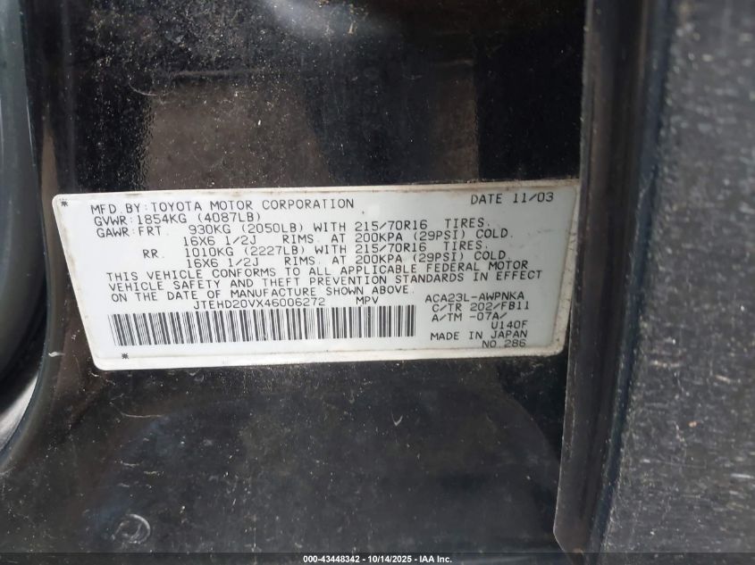 2004 Toyota Rav4 VIN: JTEHD20VX46006272 Lot: 43448342