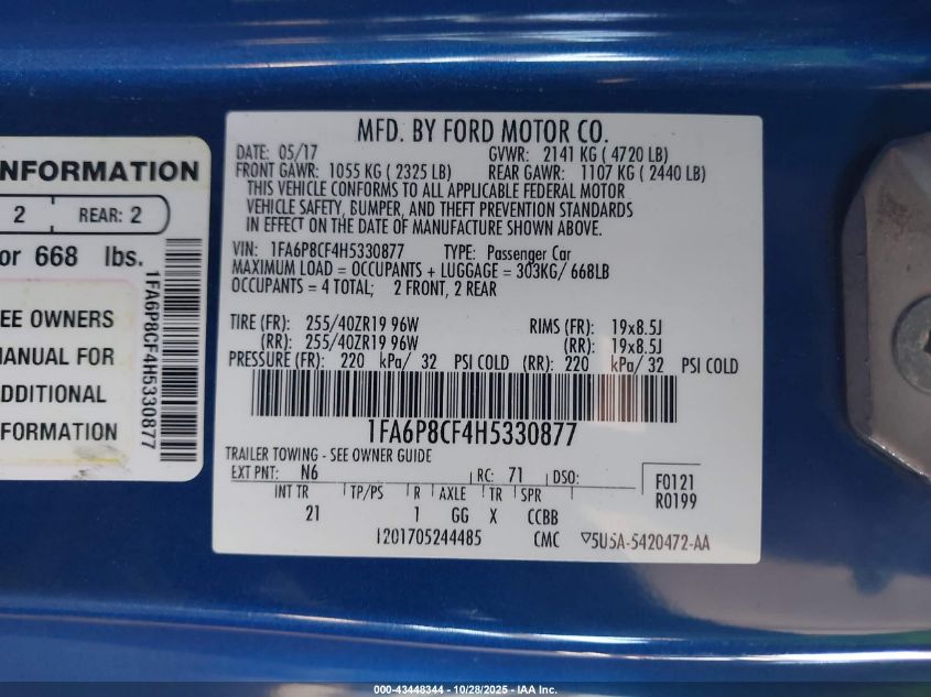 2017 Ford Mustang Gt VIN: 1FA6P8CF4H5330877 Lot: 43448344