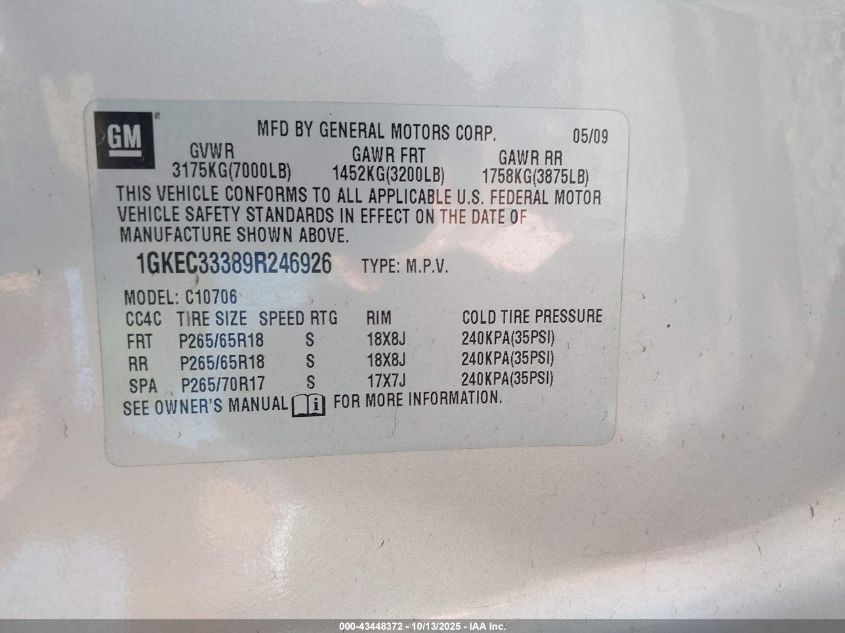 2009 GMC Yukon Slt1 VIN: 1GKEC33389R246926 Lot: 43448372