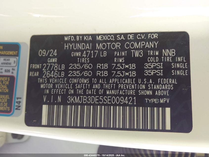 2025 Hyundai Tucson Sel VIN: 3KMJB3DE5SE009421 Lot: 43448379