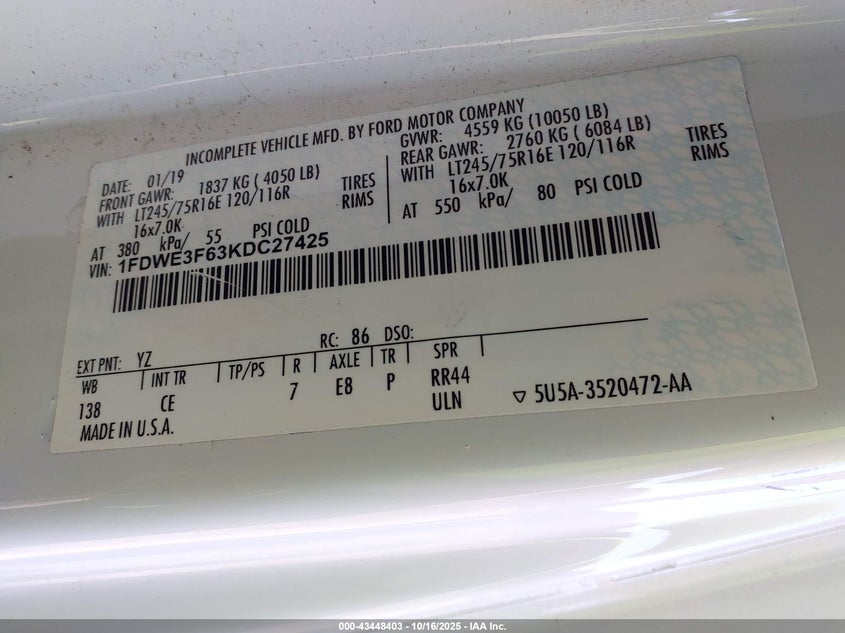 1FDWE3F63KDC27425 2019 FORD ECONOLINE photo no. 8