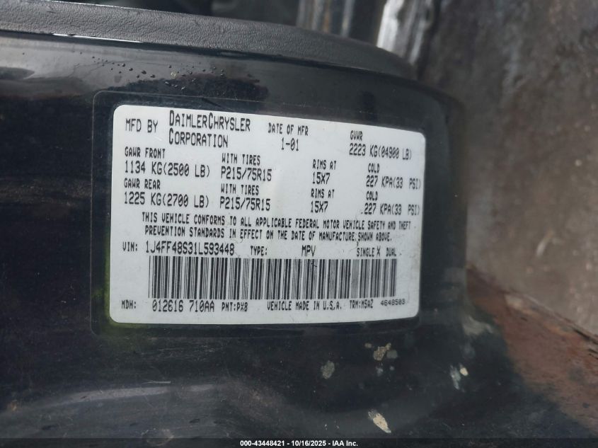 2001 Jeep Cherokee Sport VIN: 1J4FF48S31L593448 Lot: 43448421