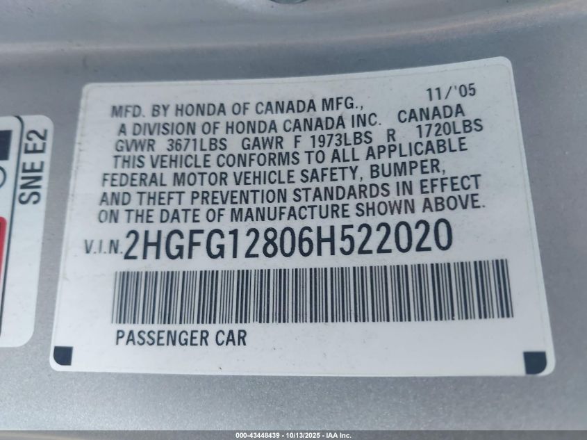 2006 Honda Civic Ex VIN: 2HGFG12806H522020 Lot: 43448439
