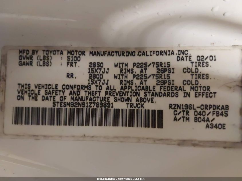 2001 Toyota Tacoma Prerunner VIN: 5TESM92N91Z789891 Lot: 43448437