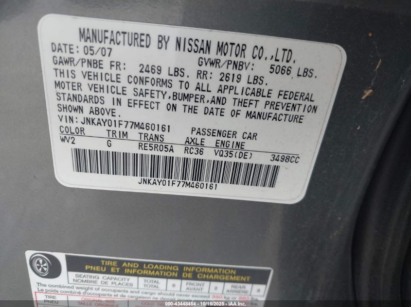 2007 Infiniti M35X VIN: JNKAY01F77M460161 Lot: 43448454