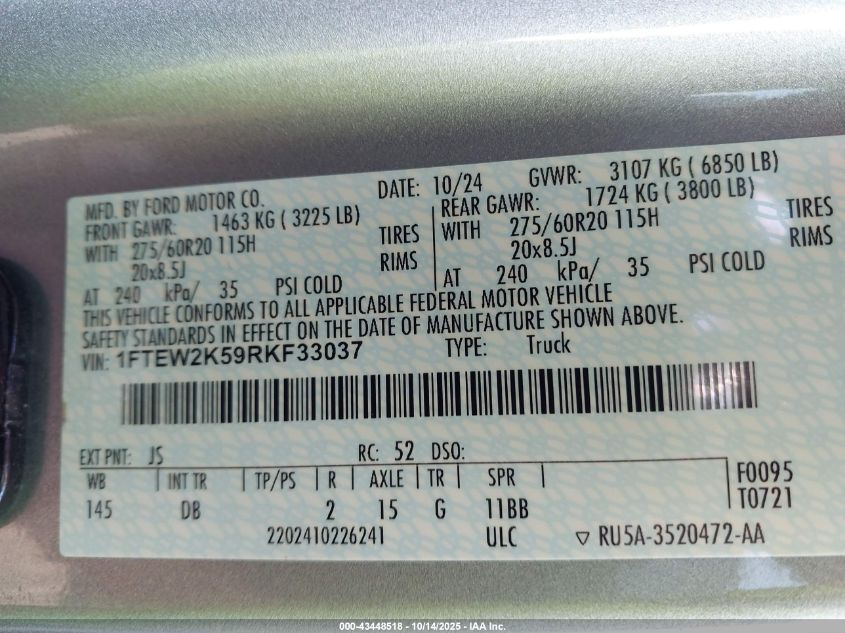 2024 Ford F-150 Stx VIN: 1FTEW2K59RKF33037 Lot: 43448518