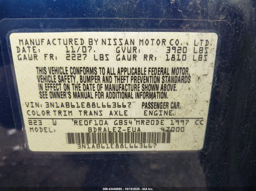 2008 Nissan Sentra 2.0S VIN: 3N1AB61E88L663667 Lot: 43448560