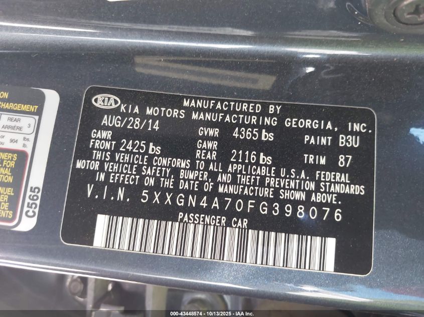 2015 Kia Optima Ex VIN: 5XXGN4A70FG398076 Lot: 43448574