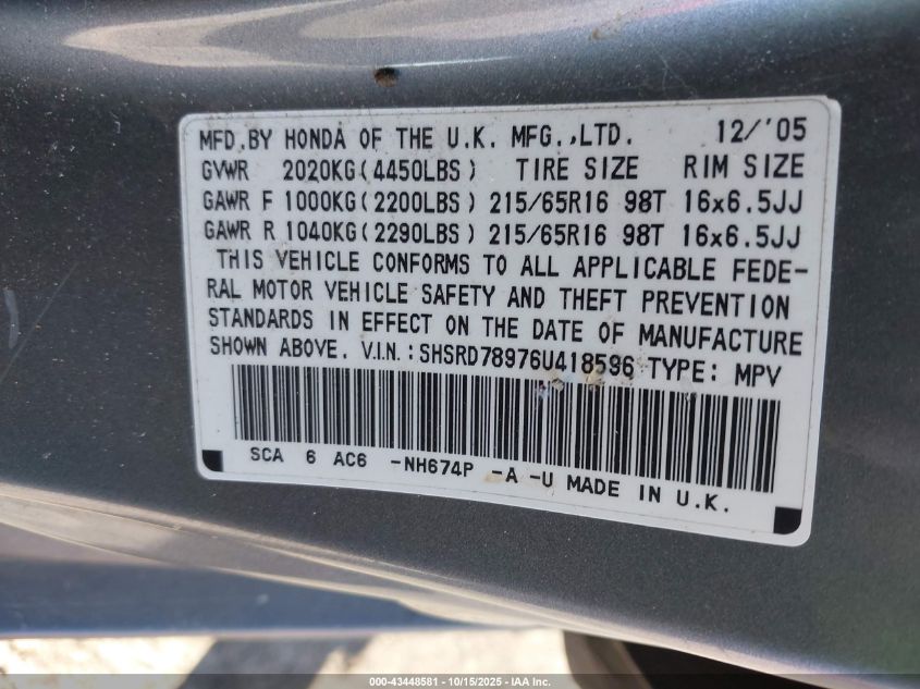 2006 Honda Cr-V Se VIN: SHSRD78976U418596 Lot: 43448581