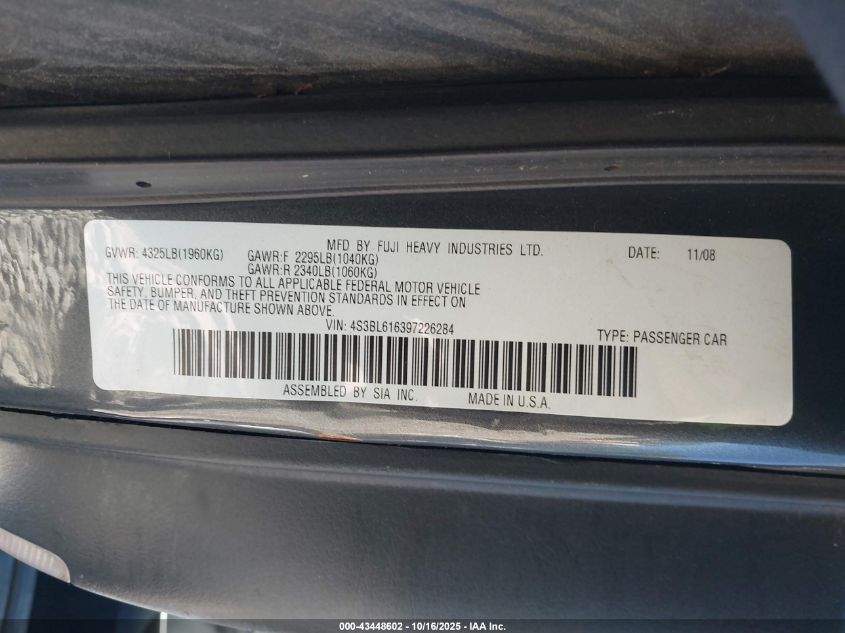 2009 Subaru Legacy 2.5I VIN: 4S3BL616397226284 Lot: 43448602
