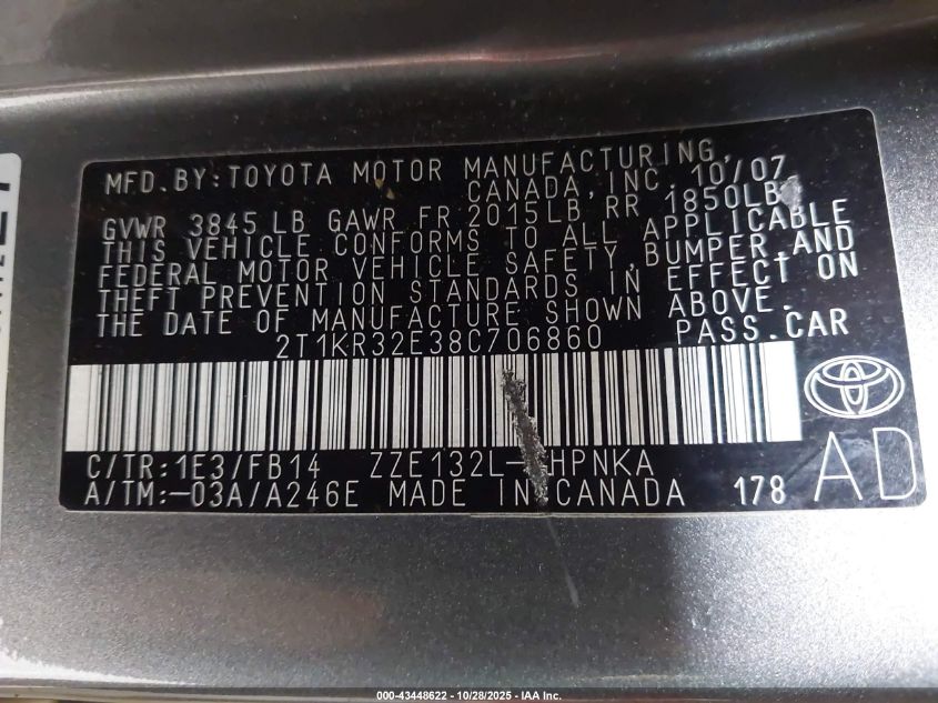 2008 Toyota Matrix Xr VIN: 2T1KR32E38C706860 Lot: 43448622