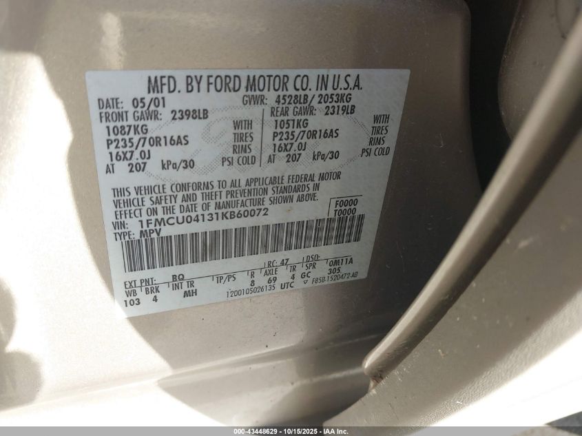 2001 Ford Escape Xlt VIN: 1FMCU04131KB60072 Lot: 43448629