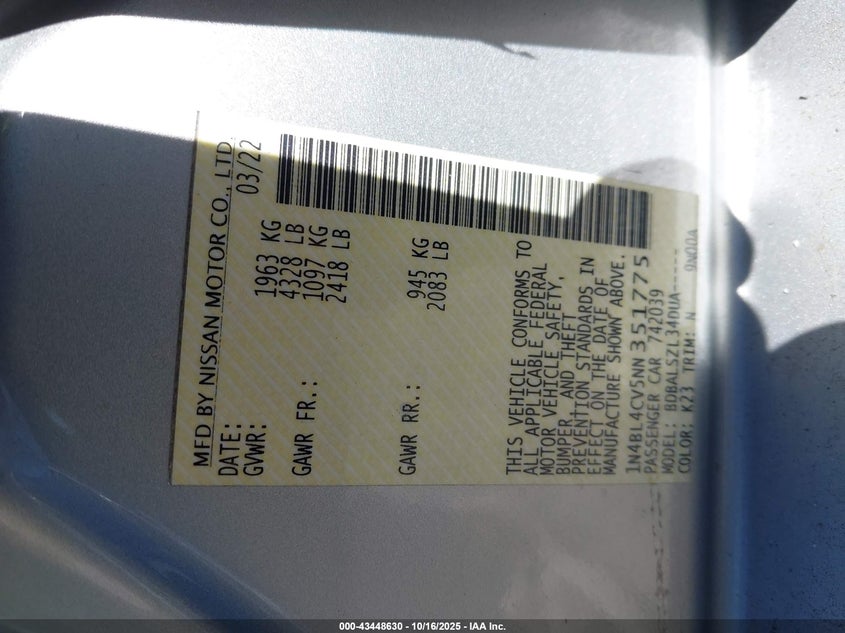 2022 NISSAN ALTIMA SR FWD 1N4BL4CV5NN351775