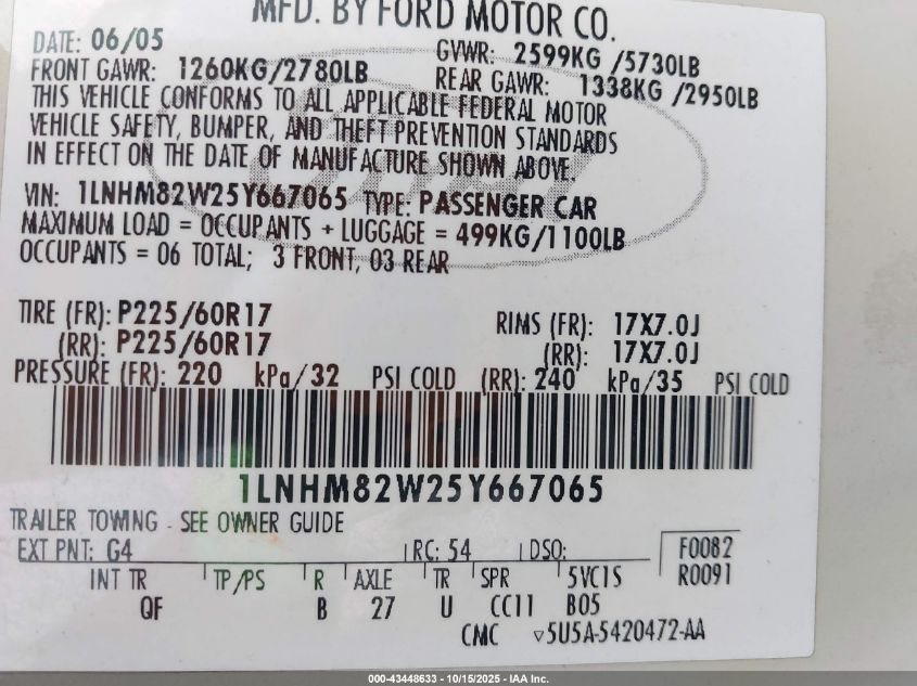 2005 Lincoln Town Car VIN: 1LNHM82W25Y667065 Lot: 43448633