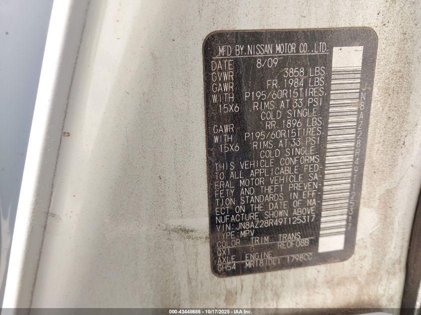 2009 Nissan Cube 1.8S VIN: JN8AZ28R49T125317 Lot: 43448686