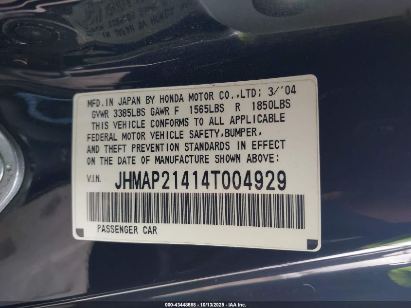 2004 Honda S2000 VIN: JHMAP21414T004929 Lot: 43448688