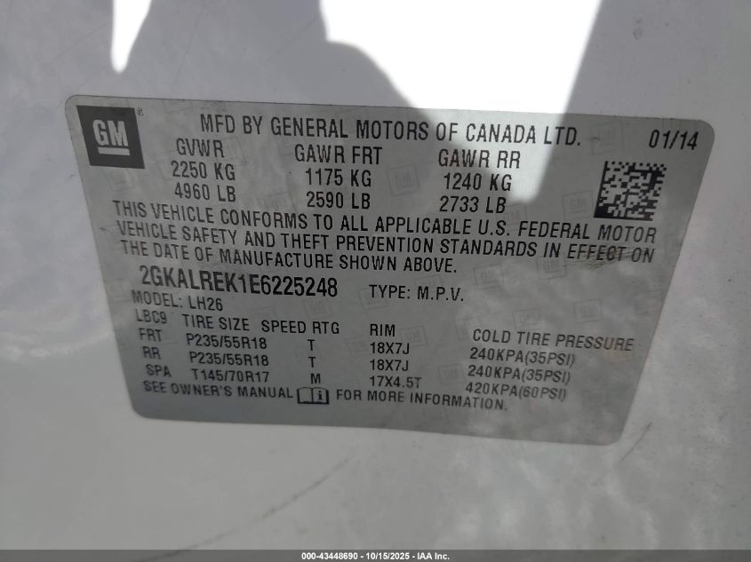 2014 GMC Terrain Sle-2 VIN: 2GKALREK1E6225248 Lot: 43448690