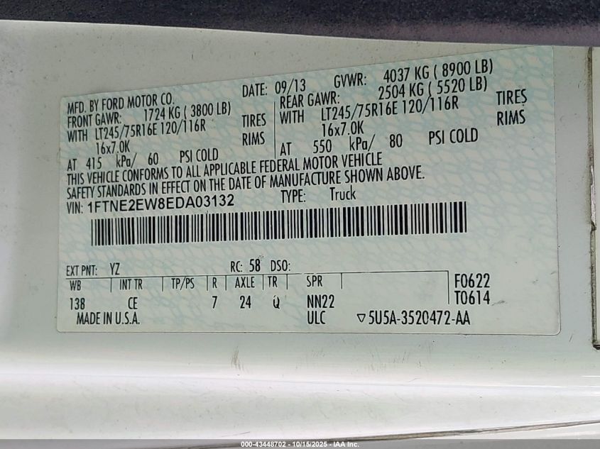 2014 Ford E-250 Commercial VIN: 1FTNE2EW8EDA03132 Lot: 43448702