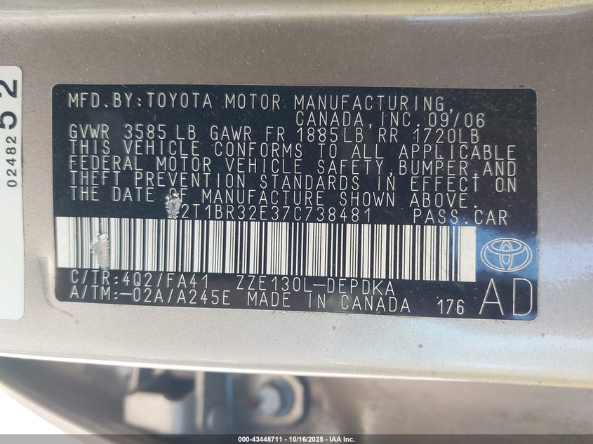 2T1BR32E37C738481 2007 TOYOTA COROLLA photo no. 9