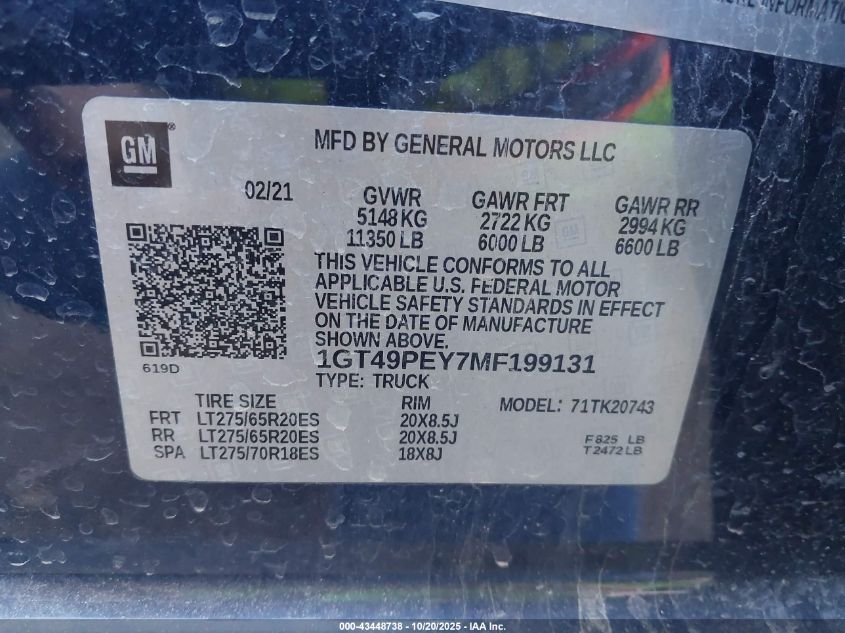 2021 GMC Sierra 2500Hd 4Wd Standard Bed At4 VIN: 1GT49PEY7MF199131 Lot: 43448738