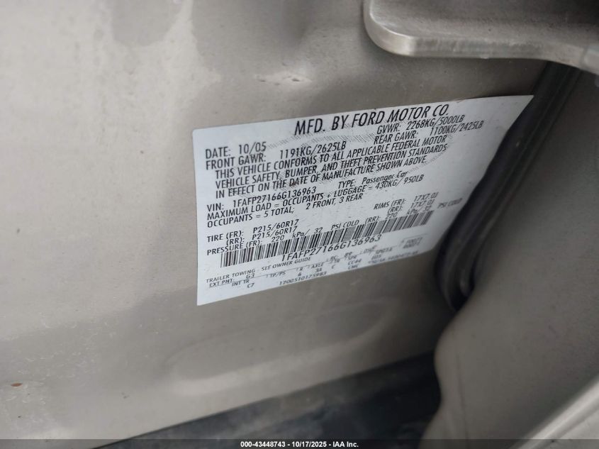 2006 Ford Five Hundred Sel VIN: 1FAFP27166G136963 Lot: 43448743