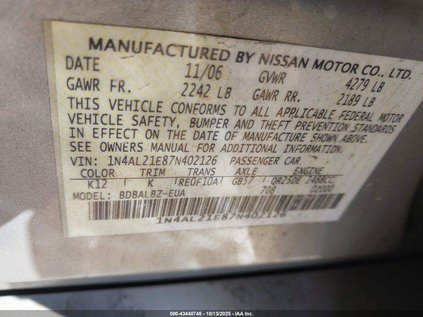 2007 Nissan Altima 2.5 S VIN: 1N4AL21E87N402126 Lot: 43448746