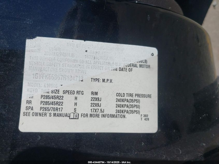 2007 Cadillac Escalade Esv Standard VIN: 1GYFK66867R184719 Lot: 43448794