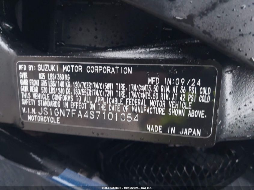 2025 Suzuki Gsx-R600 VIN: JS1GN7FA4S7101054 Lot: 43448802