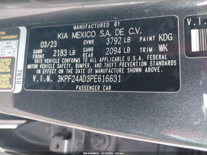 2023 Kia Forte Lxs VIN: 3KPF24AD3PE616631 Lot: 43448818