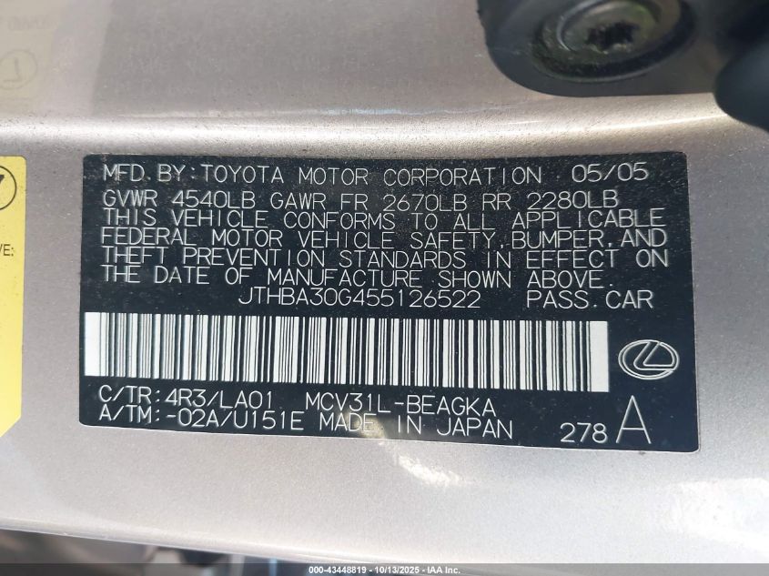 2005 Lexus Es 330 VIN: JTHBA30G455126522 Lot: 43448819