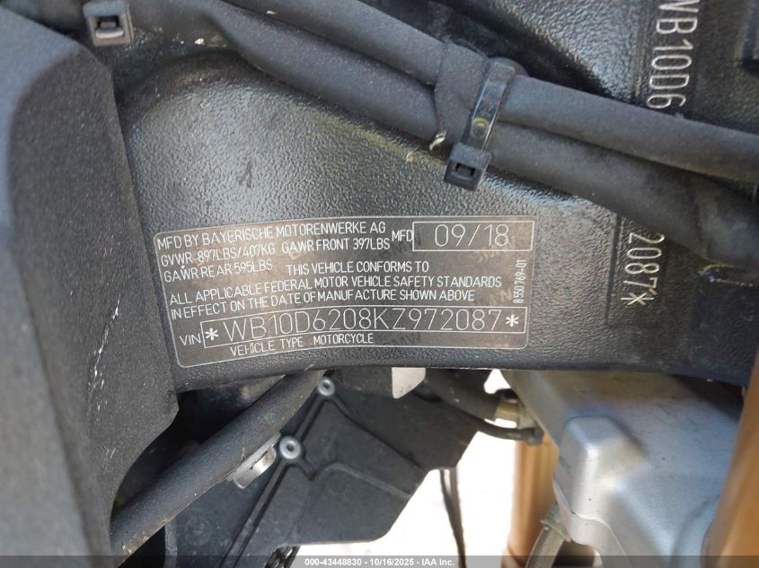 2019 BMW S 1000 R VIN: WB10D6208KZ972087 Lot: 43448830