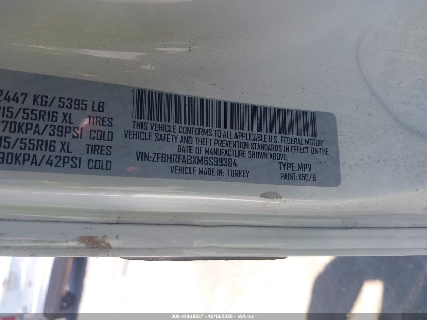 2021 Ram Promaster City Tradesman VIN: ZFBHRFABXM6S99384 Lot: 43448837