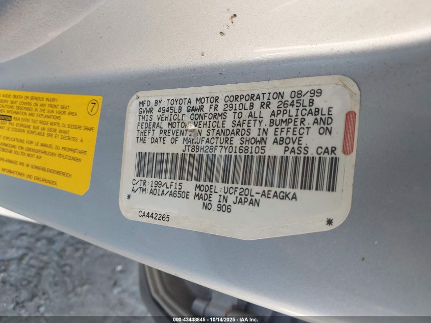 2000 Lexus Ls 400 VIN: JT8BH28F7Y0168105 Lot: 43448845